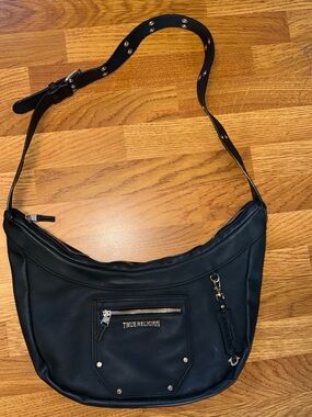 True Religion Black Faux Leather Hobo Shoulder Bag with Studded Strap